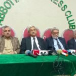 Supreme Court Bar Association President Syed Amjad Ali Shah addresses participants during his visit to Abbottabad Press Club.