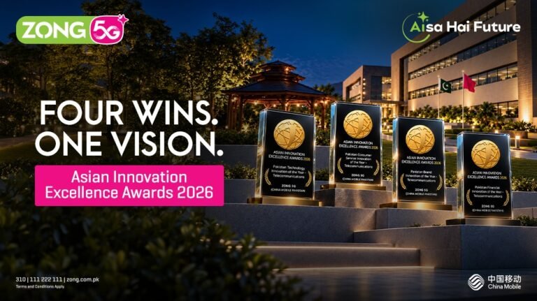 Zong wins four awards for AI, 5G innovations at Asian Innovation Excellence Awards 2026 Zong wins four telecommunications innovation awards at Asian Innovation Excellence Awards 2026 in Singapore for AI, 5G and digital technology solutions.