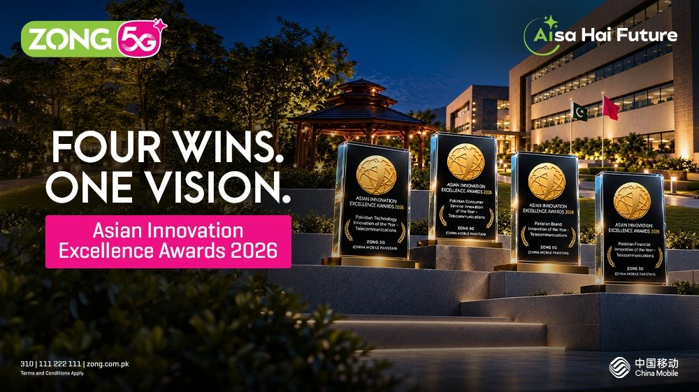 Zong wins four awards for AI, 5G innovations at Asian Innovation Excellence Awards 2026 Zong wins four telecommunications innovation awards at Asian Innovation Excellence Awards 2026 in Singapore for AI, 5G and digital technology solutions.