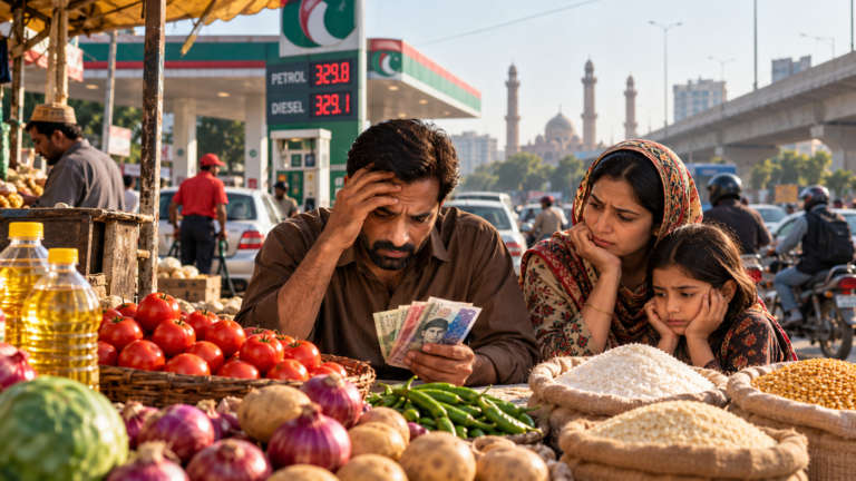 Consumers shop for essential food items in Pakistan as rising petrol, diesel, LPG and grocery prices increase household living expenses.