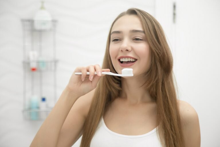 Healthy teeth and gums illustration showing how vegetables, fruits and a balanced diet support oral health alongside regular brushing.