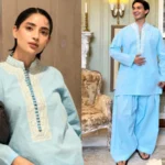Pakistani actress Saboor Aly sparks social media reactions after wearing a sky-blue shalwar kameez from designer Mohsin Tauseeli’s men’s wear collection.