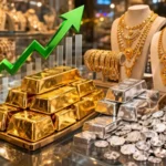 Gold bars and jewellery as gold prices rise in Pakistan’s bullion markets.