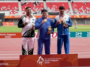 Haider Ali competes in the F37 discus throw at the Asian Para Games in Nagoya.