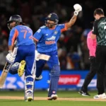Tilak Varma celebrates after India beat New Zealand by two wickets in the second T20I.