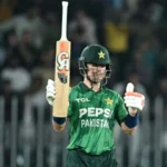 Maaz Sadaqat celebrates his explosive 96-run innings against Sri Lanka in a T20 International