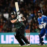 Glenn Phillips celebrates his century during New Zealand’s fourth T20I against India.