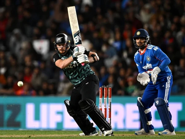 Glenn Phillips celebrates his century during New Zealand’s fourth T20I against India.