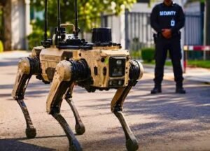 Robot dogs patrol China’s Yiwu International Trade Market as part of a new automated security system.