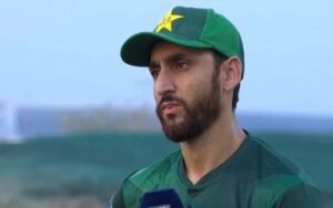 Pakistan cricketer Salman Agha speaking at a press conference