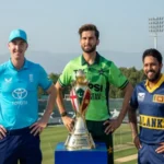 Pakistan, England and Sri Lanka captains pose during the trophy unveiling ceremony for the tri-nation series.