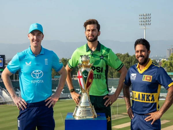 Pakistan, England and Sri Lanka captains pose during the trophy unveiling ceremony for the tri-nation series.