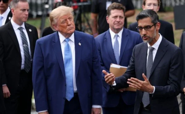 US President Donald Trump and Google CEO Sundar Pichai amid Trump's proposal to rename the Atlantic Ocean “Trump Ocean.”