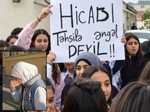 Students and parents protest restrictions on hijab in Azerbaijani schools.